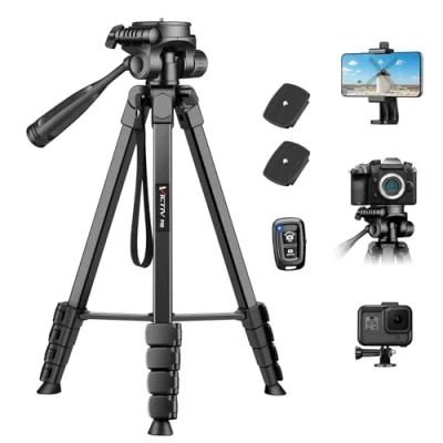 Imagen de Victiv 172cm Trípode Cámara, Portátil de Aluminio, Movil para iPhone con Soprtre Teléfono &amp; Control Remoto, Cabezal Giratorio Desmontable 3 Vías Nikon Canon Sony DSLR