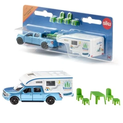 Imagen de siku 1693, Ford F150 Pick Up Camper, Metal/plástico, Azul/blanco, Sillas, Taburete y Mesa, Toldo extensible