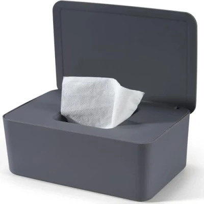 Imagen de caja de toallitas húmedas para bebé, papel higiénico húmedo, pañuelos húmedos, almacenamiento gris con tapa, mantiene las toallitas,