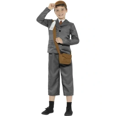 Imagen de Smiffys Disfraz de refugiado la 2.ª Guerra Mundial para chico, gris, con chaqueta, pantalones, camisa figurada, bolsa, sombrero y etiqueta el nombre