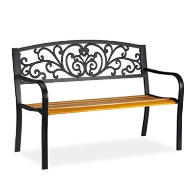 Imagen de Relaxdays Banco Jardín Retro, Asiento de 2 Plazas, Balcón y Terraza, Madera Metal, 86,5 x 127 59 cm, Marrón Negro, Hierro Fundido, Gartenbank rustikal Metall+Holz Schwarz Braun