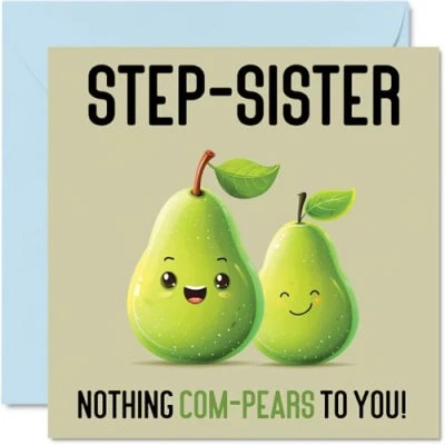 Imagen de tarjetas de cumpleaños para hermanastra, Nothing Com Pears, divertida tarjeta feliz hermanastro hermanastro, regalos hermanastras, 145 mm x mm,