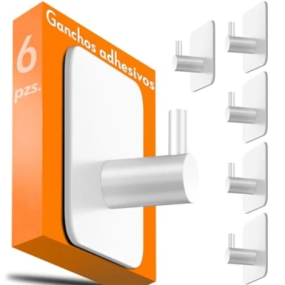 Imagen de 4smile Ganchos adhesivos para pared, juego de 6 blancos Colgadores resistentes, colgador toalla baño y cocina