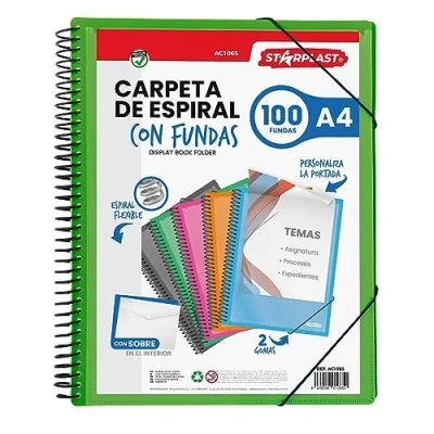 Imagen de Starplast Carpeta Con fundas Espiral Flexible 100 transparentes, A4, cierre elástico, tapa polipropileno, portada personalizable, para uso Escolar y Oficina color Verde