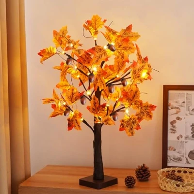 Imagen de Árbol de Arce con Fruta Artificial 24 Leds Blanco Cálido, USB Arbol Luces Ajustable Ramita Funciona Pilas Navidad para Pascua Fiesta Decoración (Arce + Fruta)