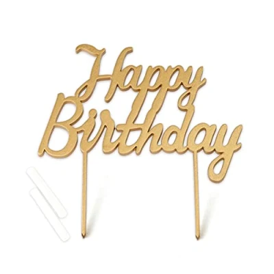 Imagen de Cake topper dorado de madera Happy Birthday 17x18cm.