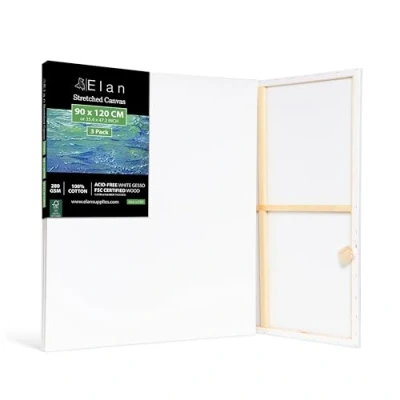 Imagen de Elan Lienzos Preestirados 90x120, 3 PACK 100% Algodón para Pintar Grandes, Canvas Pintar, Enmarcados, Tela Pintura, Lienzo Grande, Blanco