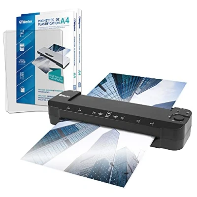Imagen de Plastificadora A3 A4 A5 A6 A7 Pro Ultra rápida en caliente y fría hasta 2 x 150 micras Temperatura ajustable para uso profesional intensivo Pack con 200 fundas