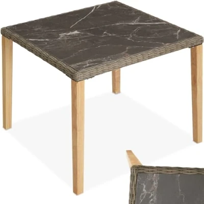 Imagen de TecTake® Mesa de Jardín Exterior Ratán, Aluminio y Madera, 93,5 x 75 cm, Muebles Resistentes a Intemperie, Tablero Gres Extraíble, Topes en Patas, Fácil Montaje Natural