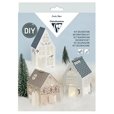 Imagen de Clairefontaine 97711C Kit Creativo Completo para Adultos 3 Casas de Papel Iluminadas con Adornos Navideños Paso a Incluido Decoración Pasatiempos Creativos, Bricolaje