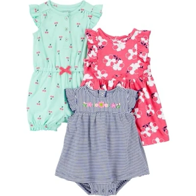 Imagen de Simple Joys by Carter&#039;s 3 Pack Romper, Sunsuit and Dress Infant Toddler Rompers, Azul Marino Rayas/Rosa Floral/Verde Menta Cereza, 24 Meses (Pack de 3) Bebé Niñas