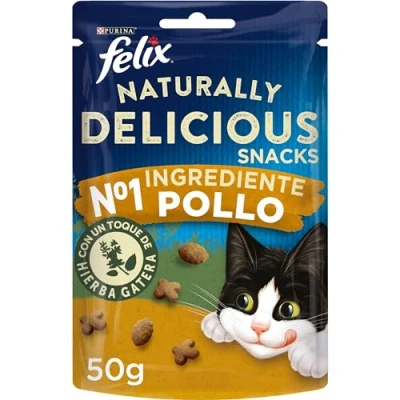 Imagen de Felix Purina Naturally Delicious, Snacks, premio para Gato con Pollo, 8 bolsas de 50g