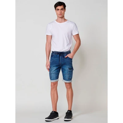 Imagen de Bermuda Jogger Cargo en Knit Denim Elástico con Efecto Lavado Color Azul para Hombre