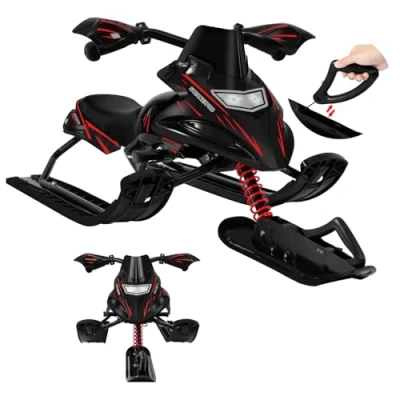 Imagen de Laneetal Trineo para Nieve, Snowracer, Niños, de Dirección, con Freno y Asiento PU, Bastidor Acero, Cable Remolque Autorretráctil, Negro+Rojo