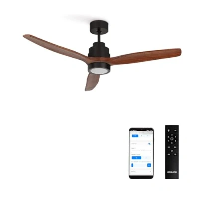 Imagen de CREATE / WINDSTYLANCE DC/Ventilador de techo con luz negro aspas madera natural Wifi y mando 40W, Silencioso, Ø132 cm, 6 velocidades, temporizador, verano invierno, doble altura, motor DC