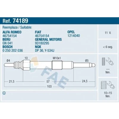 Imagen de FAE 74189 Bujía de precalentamiento 11V M 10x1 OPEL: Zafira B, Astra H Hatchback, Vectra C Berlina, FIAT: Stilo Doblo I Cargo