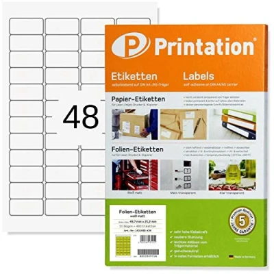 Imagen de folio etiquetas 45,7 x 21,2 mm WEATHERPROOF blanco mate fuerte autoadhesivo en DIN A4 4x12 pegatinas/hoja 480 adhesivas 45,7x21,2 adhesivo imprimible con impresora láser 45x21