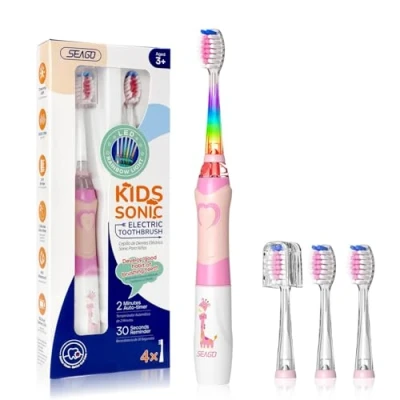 Imagen de Cepillo electrico infantil, Seago de dientes infantil con luz colores, 4 cabezal recambio extra suaves, Temporizador 2 minutos, Apto para niños mayores 3 años SG977 (rosa)