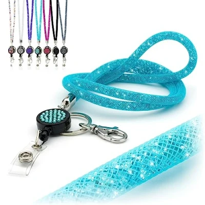 Imagen de CKB LTD correa para el cuello lanyard cordones azul claro brillante con diamantes de imitación gemas cristal clip metal giratorio y retráctil tarjetas identificación, 1 unidad