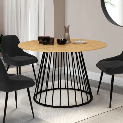 Imagen de IDMarket Yuna Mesa de comedor redonda 4 a 6 personas, bandeja madera y pie con cable, metal, 110 cm, color negro