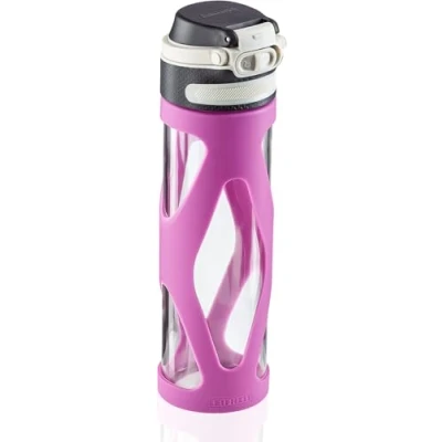 Imagen de Leifheit botella de cristal Flip 600 ml, reutilizable 100% hermética, se abre con una mano, deportiva sin BPA, filtro, morado