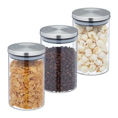 Imagen de Relaxdays 800 ml Botes Cristal, Set 3, Recipientes Cocina, Tapa Acero Inoxidable, Tarros Herméticos, Transparente/Plata