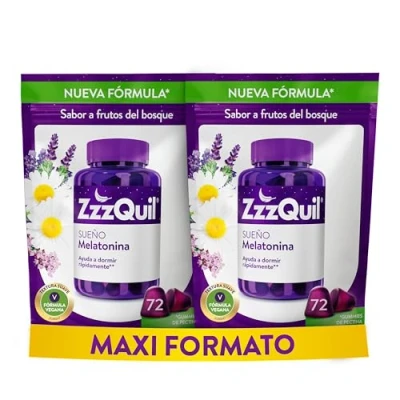 Imagen de ZzzQuil Sueño Gummies de Melatonina para Dormir, con Valeriana, Camomila, Vitamina B6 y Lavanda, Ayuda a Dormir Rápidamente, Sabor Frutos del Bosque, Nueva Fórmula Vegana, 144 (2 x 72)