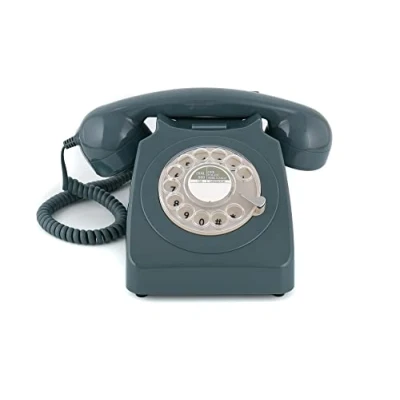 Imagen de GPO 746 Teléfono fijo de disco con estilo retro los años 70 Cable en espiral, Timbre auténtico Gris