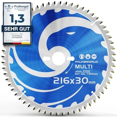 Imagen de FALKENWALD Hoja de Sierra Circular 216 x 30 mm Ideal para Madera Metal y Aluminio Disco Corte compatible con Tronzadora Bosch &amp; Makita
