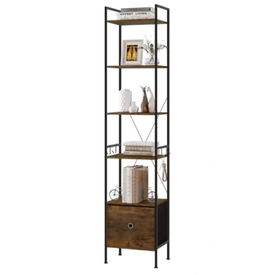 Imagen de WOLTU Estantería Alta y Estrecha de 5 Niveles, Almacenaje, Pie con 1 Cajon 4 Ganchos, Industrial, para Dormitorio, Estudio, Marrón Rústico+Negro, RGB63vbn