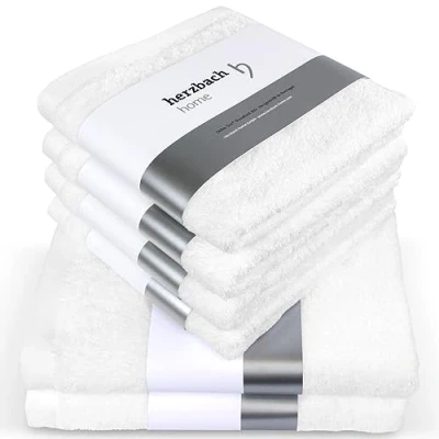 Imagen de herzbach home Juego de Toallas Premium 6 Piezas (Blanco) 4 50x100cm &amp; 2 Ducha 70x140cm, Suave absorbentes en algodón Natural (550 g/m²)