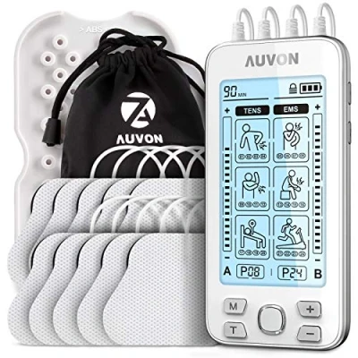 Imagen de AUVON Electroestimulador TENS de 4 salidas, EMS para terapia alivio del dolor con masajeador pulso eléctrico 24 modos, 10 piezas electrodos premium 2&quot;x 2&quot; diseño patentado