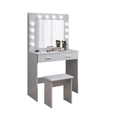 Imagen de Jooli H Tocador Mesa de Maquillaje con Hollywood LED Espejo, 2 Cajones Grandes y Taburete, 80x40x140cm (Gris)