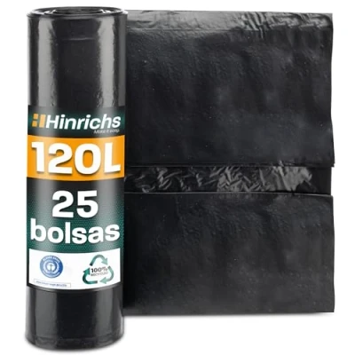 Imagen de Hinrichs Bolsas de Basura 120L Extra Fuertes 70x110 cm Rollo 25 Resistentes LDPE Reciclado Negras para Jardines, Hogares y Obras