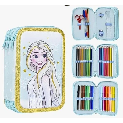 Imagen de Plumier con Accesorios de Frozen Color Azul 12,5x6,5x18,5 cm Fabricado en Poliéster 3 Compartimentos Cierre Cremallera Estampado Elsa Producto Original Diseñado España