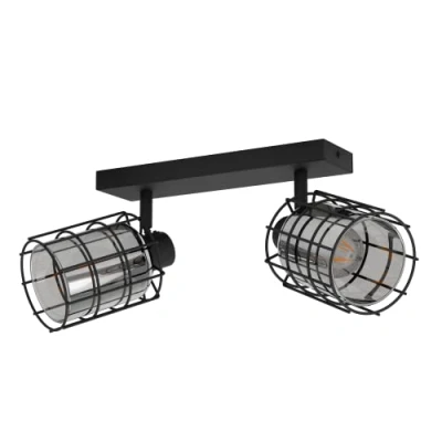 Imagen de Eglo lámpara de techo Consaca, iluminación 2 luces industrial, foco pared metal, cristal ahumado, luz en negro, negro transparente, spot con casquillo E27