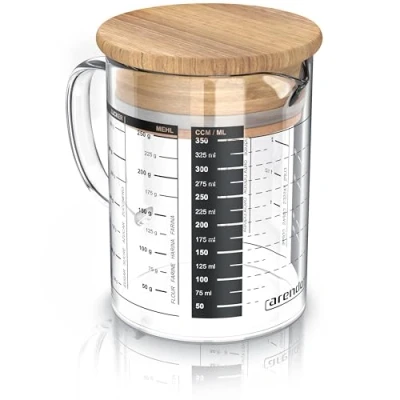 Imagen de Arendo Jarra dosificadora de vidrio 350ml 0,35L, Recipiente vidrio, medidora cocina transparente, borosilicato, Junta silicona, cocina, Vaso medidor