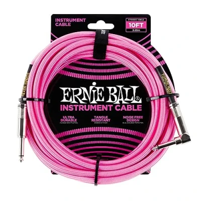 Imagen de Ernie Ball Cable trenzado para instrumentos, recto/acodado, 3 m, color rosa neón