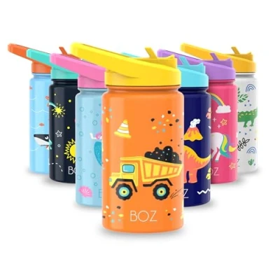 Imagen de BOZ Botella Agua Niños con Pajita Acero Inoxidable 414 ml, Térmica Aislamiento Doble Pared Sin BPA, Isotérmica Antiderrame Asa Apta para el Lavavajillas (Tractor)