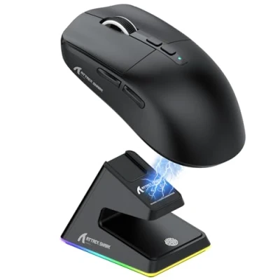 Imagen de ATTACK SHARK X6 ratón Superlight de 49 g con Base Carga magnética, Sensor Juegos PixArt PAW3395, para inalámbrico/con Cable BT/2.4G, 26000 dpi, Ratones Oficina mejorados (Negro)