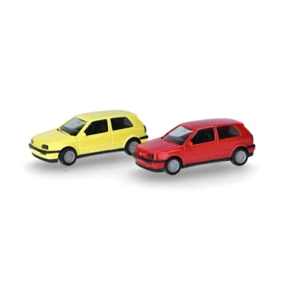 Imagen de herpa Kit de construcción Volkswagen (VW) Golf III VR6 2 Puertas, Juego 2, Miniatura a Escala 1:87, Pieza colección, para modelismo, plástico, Color: Rojo Flash/Amarillo azufre.