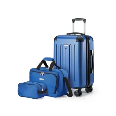Imagen de Amazon Basics: Juego de Equipaje Mano rígido con Ruedas, 3 Piezas, Maleta Mano, Bolsa Viaje compacta, Ampliable, 4 Ruedas giratorias, Azul Marino
