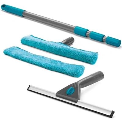 Imagen de Beldray LA028693TQ Limpiacristales Y Mojador Para ventanas Con Mango Telescópico de 130 cm, Incluye Almohadillas Microfibra,Conjunto 5 Piezas, Turquesa,Juego limpieza piezas