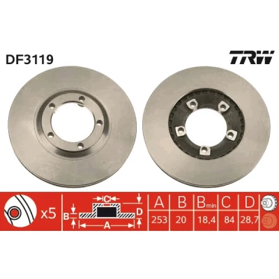 Imagen de TRW DF3119 Disco de freno 253 20 5 104 ventilado barnizado HYUNDAI: H 1 / Starex MPV, H100 Camión plataforma/Chasis, Furgón