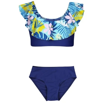Imagen de Aquarti Conjunto de Bikini para Niñas Bustier Breve Traje Baño Dos Piezas, 037 Volante Verde Amarillo Hojas Azul, 134