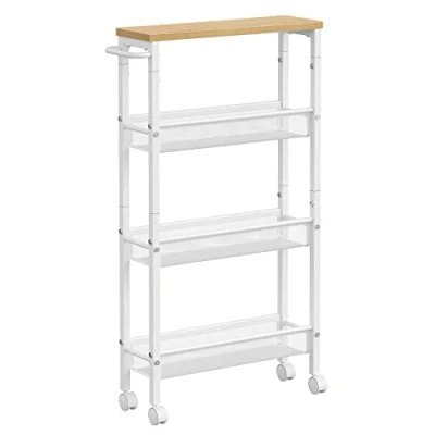 Imagen de VASAGLE Carro de 4 Niveles, Estrecho Cocina con Ruedas, Asa, para Espacio Reducido, 13 x 45,4 77 cm, Cocina, Baño, Salón,Estudio, Roble Beige y Blanco LRC032W09