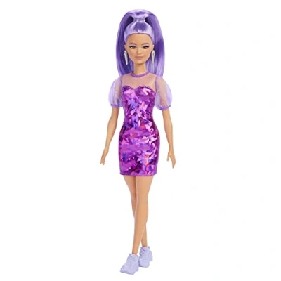 Imagen de Barbie Fashionista Muñeca pequeña con Pelo Morado, Vestido Estilo monocromático y Accesorios de Moda Juguete (Mattel HBV12)