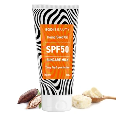 Imagen de BODI BEAUTY Crema solar para cara y cuerpo SPF con manteca de karité, vitamina A, E, cacao, protección hombre mujer, skincare 150 ml (SPF 50)