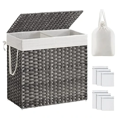 Imagen de SONGMICS Cesto de Ropa Sucia con Tapa, Cesta 130 L, 2 Compartimentos, Bolsa Extraíble Asas, Tejido a Mano, para Dormitorio, Baño, Lavandería, 33 x 66 60 cm, Gris LCB253G01