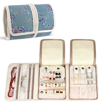 Imagen de Teamoy Roll para Joyería Organizador de joyas Estuche viaje collares, pendientes, pulseras, broches, 3 carpetas, varios departamentos, flores